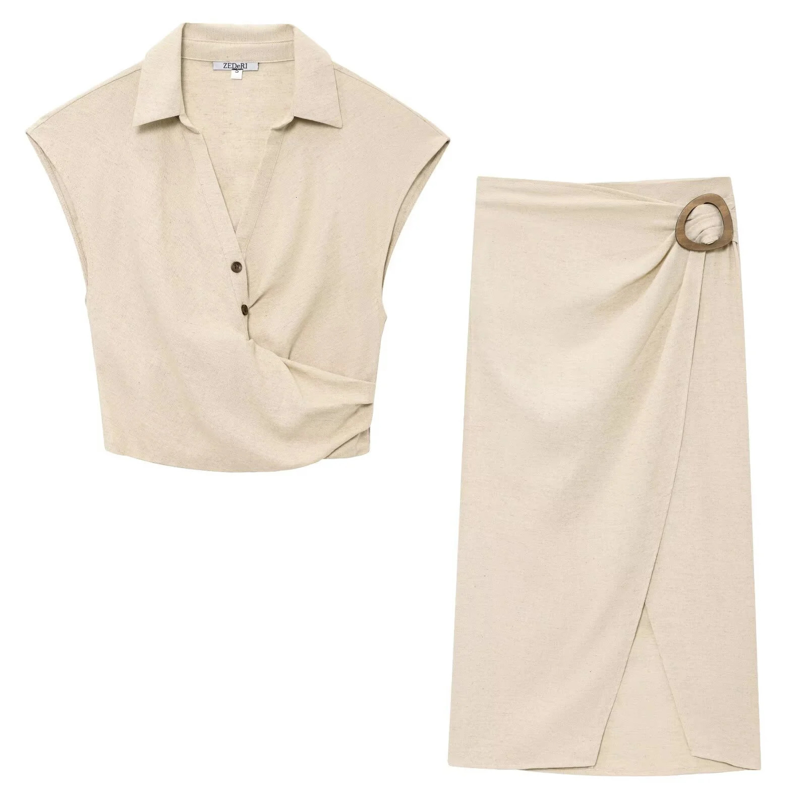 Korean Style Summer Product Fashionable Temperament Linen Blend Pleated Lapel Sleeveless Top Buckle Skirt Set 250515
