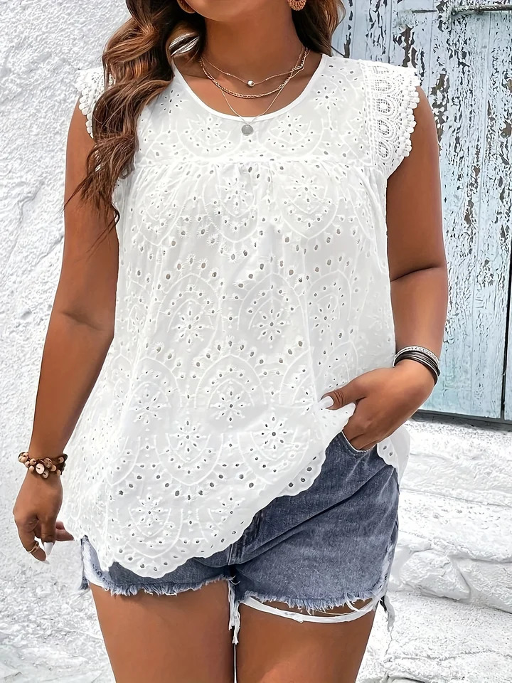 Large size womens hollow y lace tops spring and summer elegant female round neck sleeveless vest polyester fabric 250515