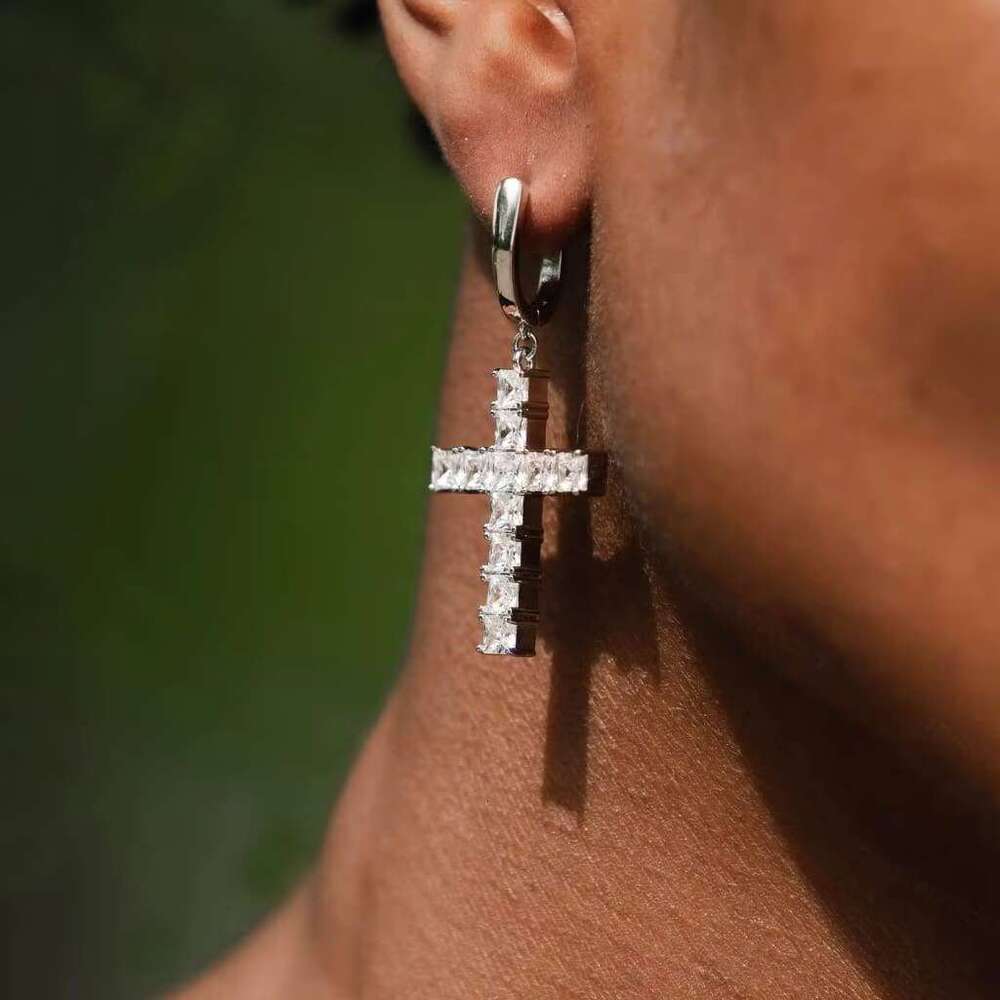 Hip Hop Cross Asscher Cut Fully Iced VVS Silicone Men's Earrings