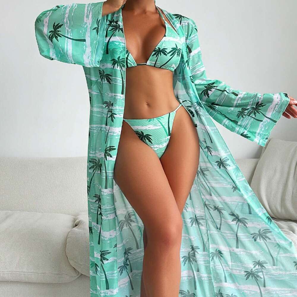 New European and American special fabric printed bikini BIKINI cover up three piece set women's swimsuit 2025 new casual versatile fashion clothi