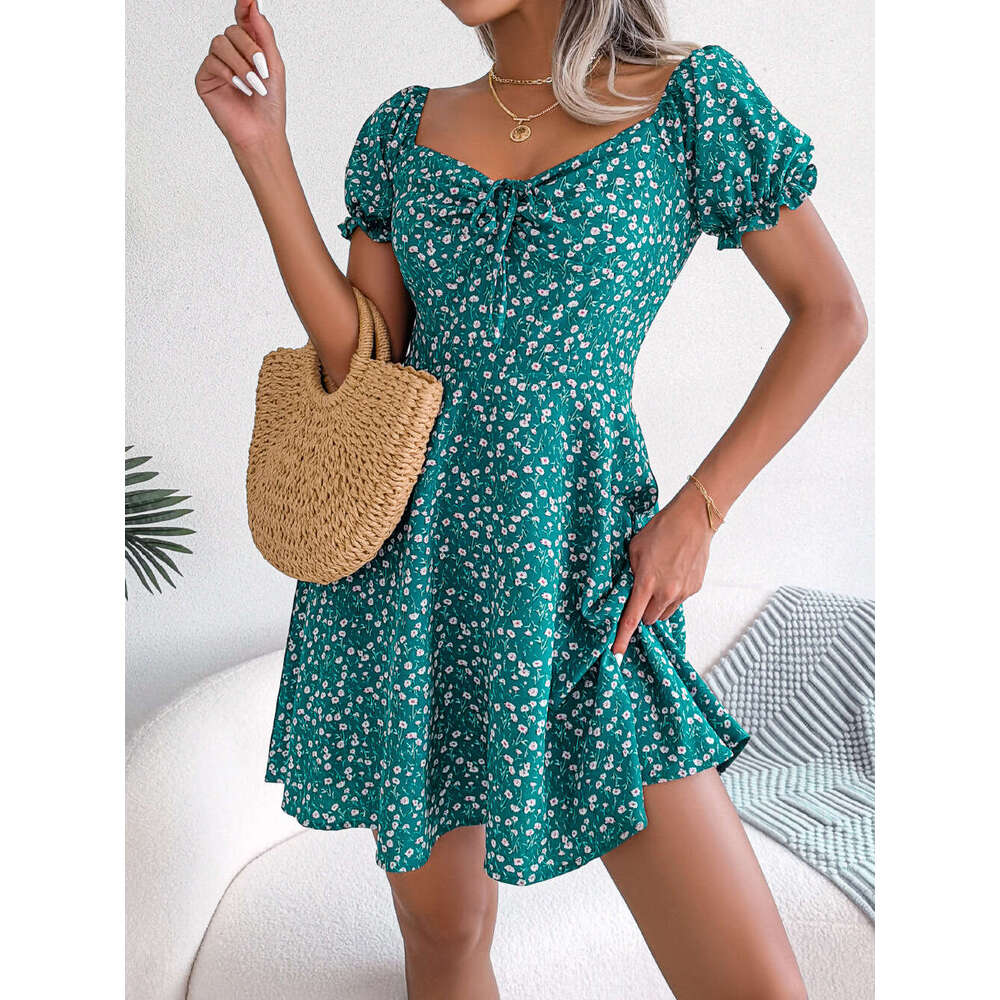 Ins style real-life photos of spring and summer trumpet sleeves, drawstring ties, floral patterns, big swing dresses, women's clothing, 2025 new 