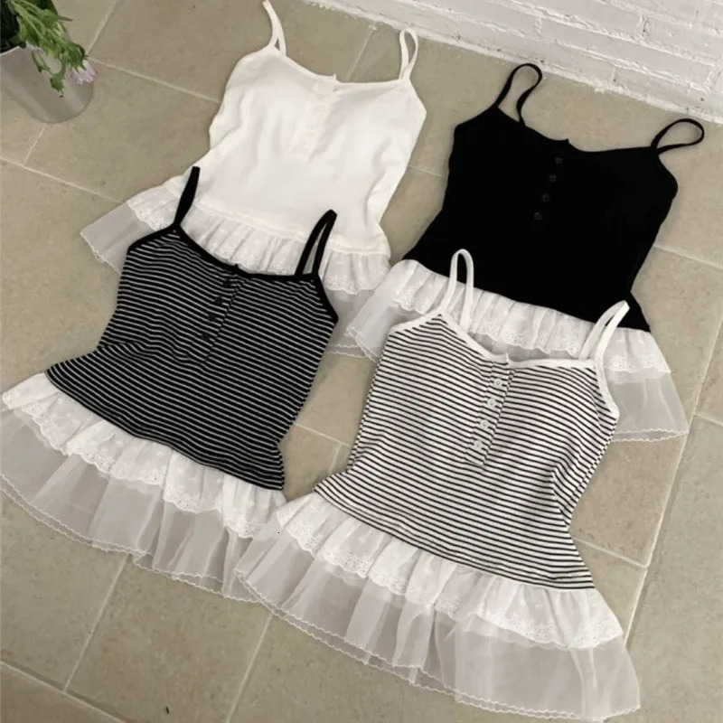 Summer Womens Korea Style Black White Strips Tank Top with Lace Hem Female Sweet Square Neck Spaghetti Straps Cami 250515
