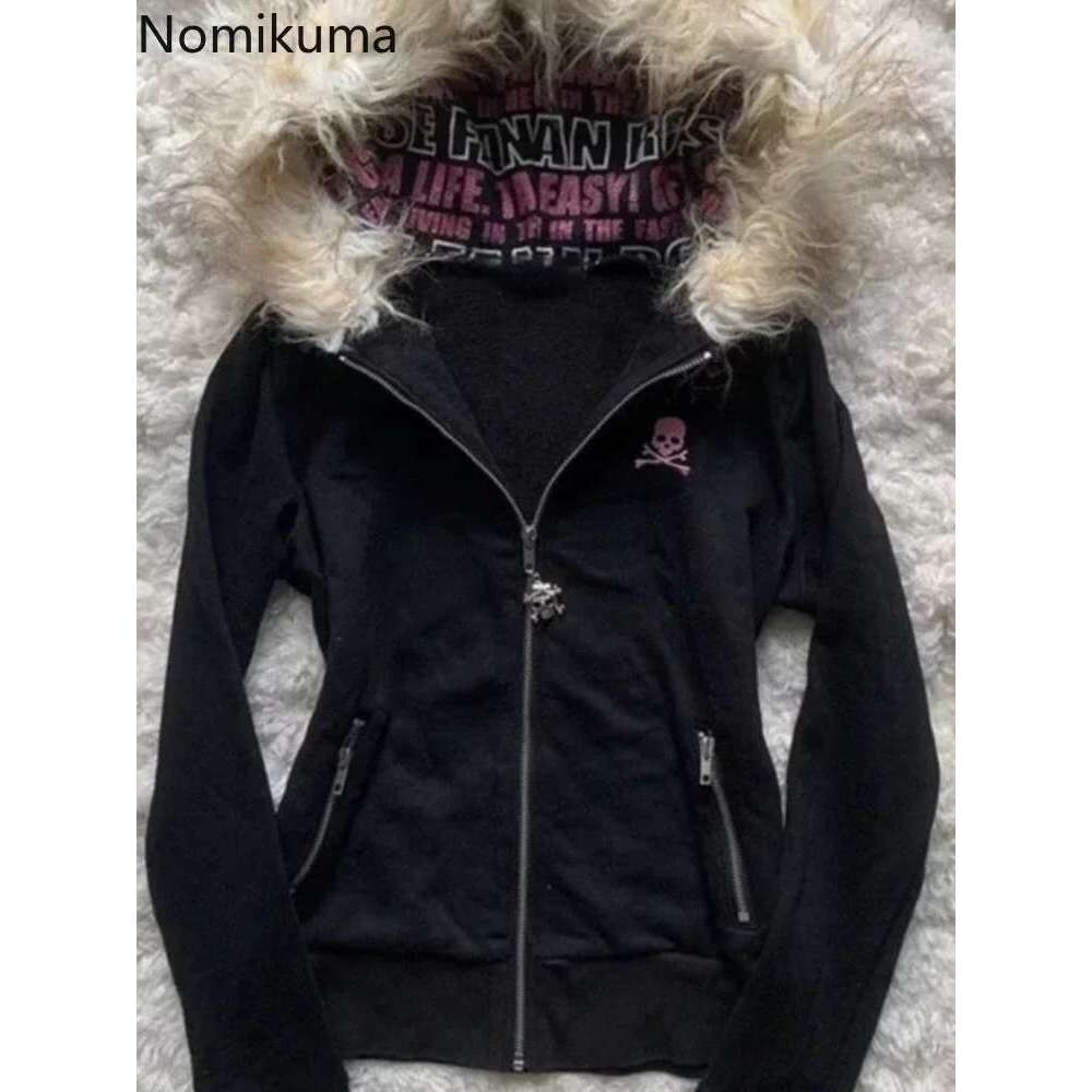 Black Goth Hoodie Women's Clothes Letter Skull Embroidery Zipper Y2k Coat Fashion Hooded Jacket Japanese Sweatshirts Y2k Tops Designer
