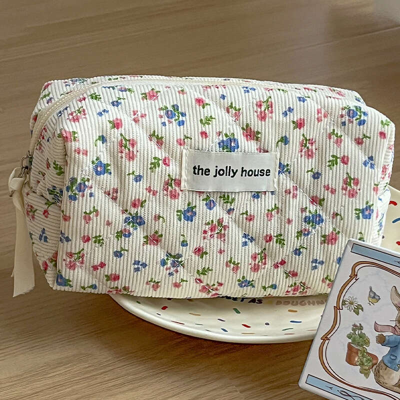 Corduroy Floral Bag, Large Capacity, High Beauty Value, Convenient Handheld Makeup Storage, Washroom Storage Bag