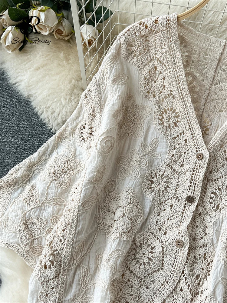 SINGREINY Bohemian Style Women Loose Suits Hook Flower Hollow Out Bat Sleeve ShirtTassels Drawstring Bodycon Skirt Spring Sets 250515