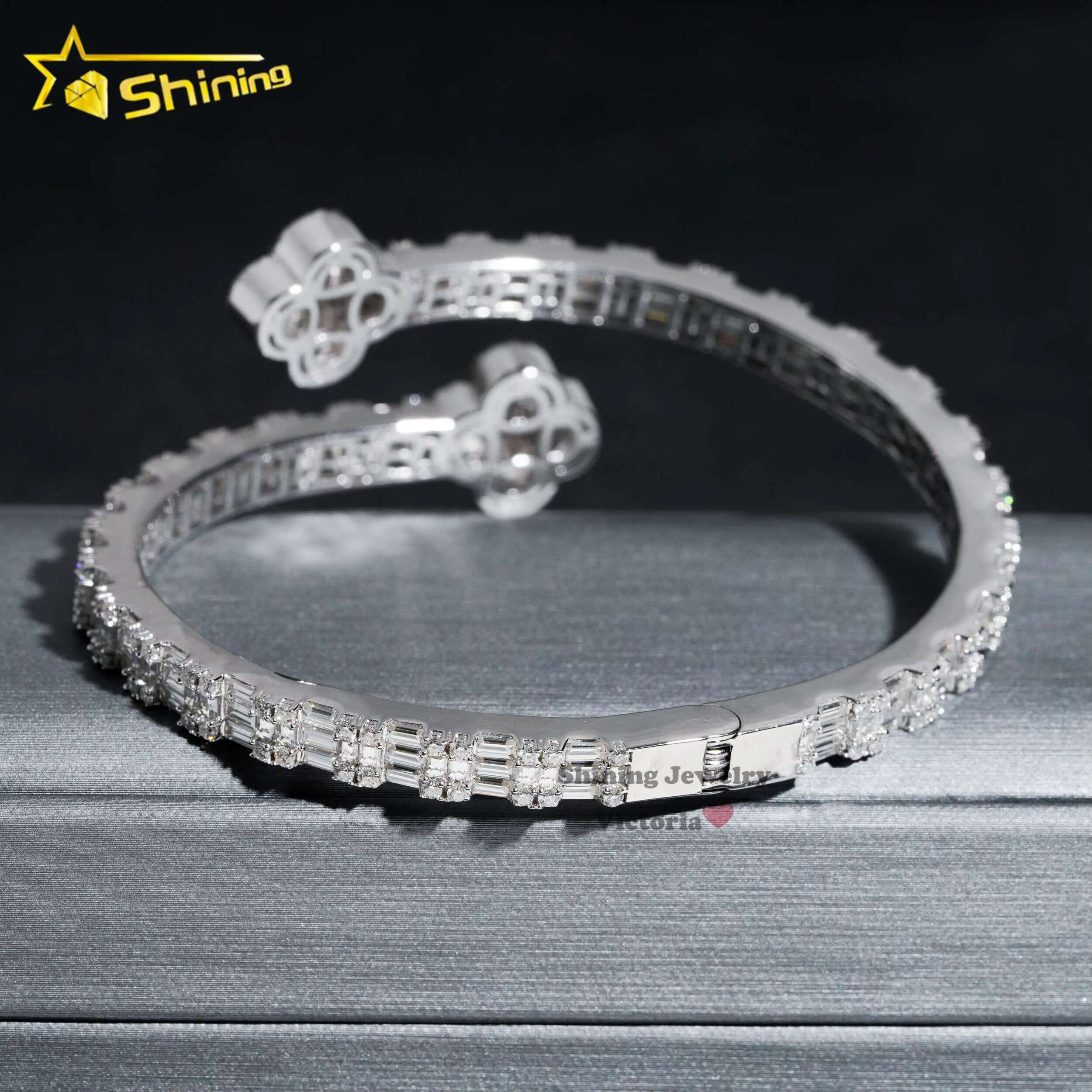 Pass Diamond Tester 14K Gold 925 Sterling Silver Baguette VVS Moissanite Iced Out Clover Cuff Bangle Bracelet for Men Women