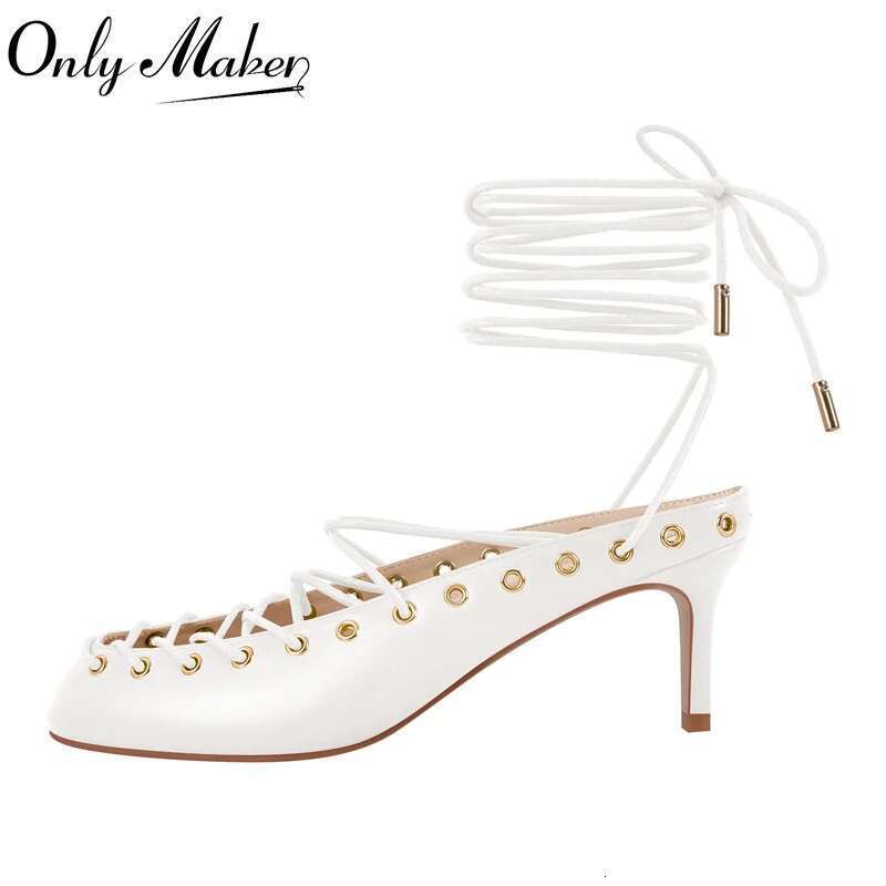 Onlymaker Women White Closed ToeLace Up Mules Kitten Heel Stiletto Summer Sandals Coeset Heels