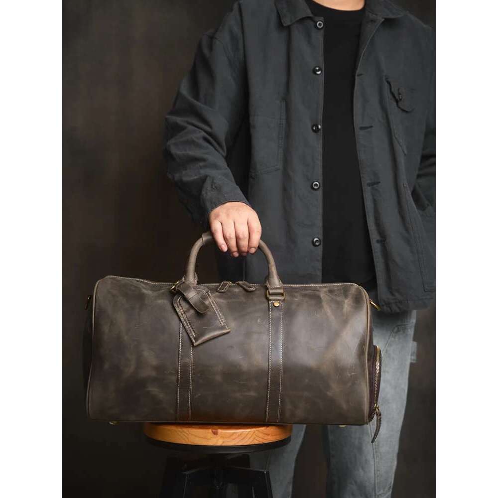 Men's Travel Genuine Leather Casual Hand Lage Bag High Capacity Fiess Bag Shoulder Shoe Pocket For 18 Inch Laptop