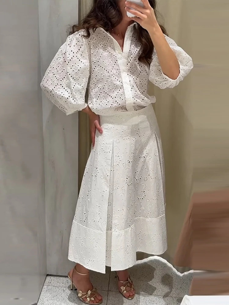 Elegant Tassel Shirt Skirt Set Women White Lapel Long Sleeve Button Top Aline Pleated Midi Skirts Summer 2 Pcs Lady Outfit 250515