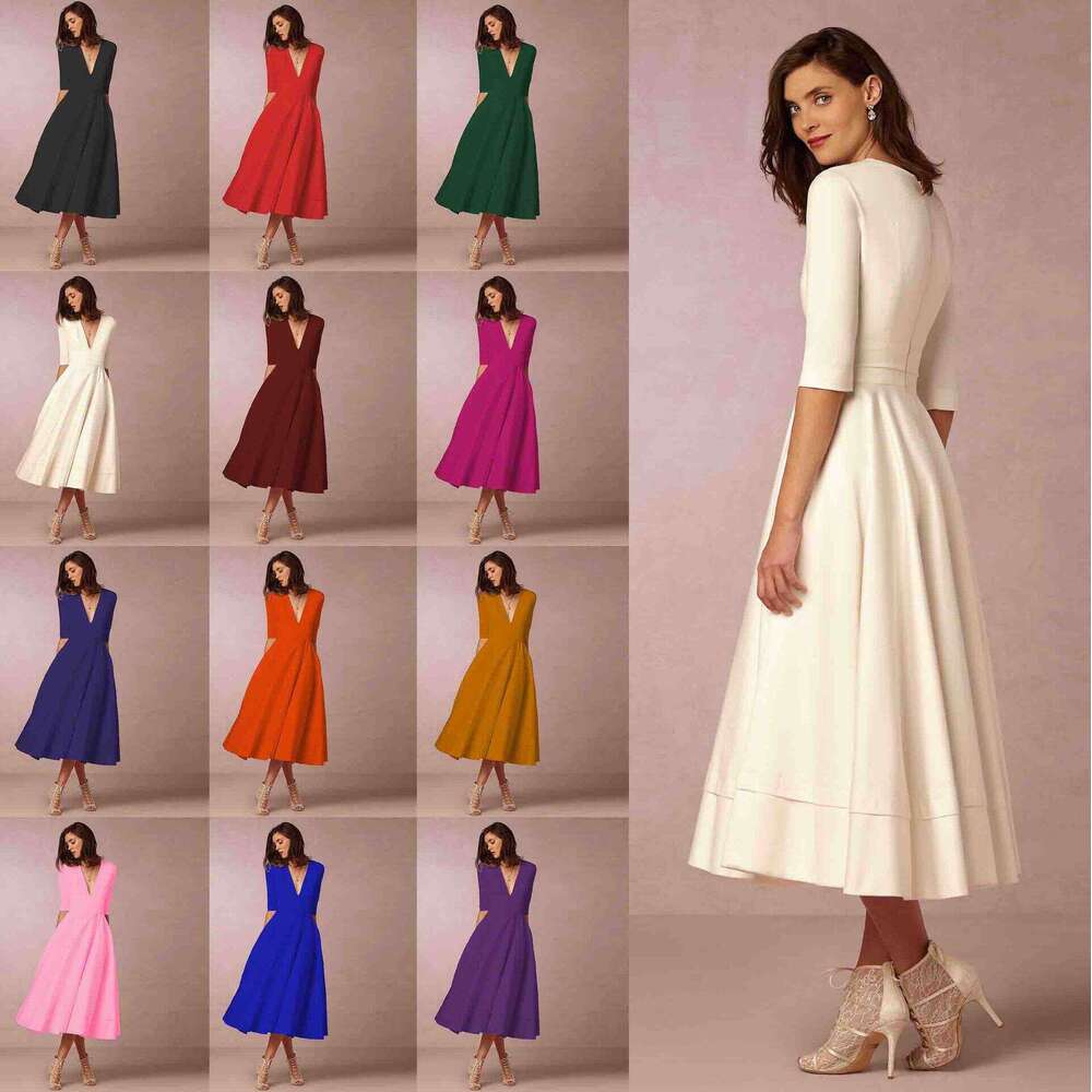 White Dress Maxi Dress 2024 New Women's Evening Sexy Deep V Mid Sleeves Large Hem Dress KQ
