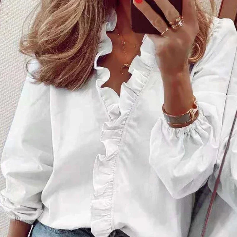 Vintage Ruffles Women Blouses Autumn Long Sleeve Office Lady Elegant Tops Cotton Casual Vneck Shirt Clothing 250515