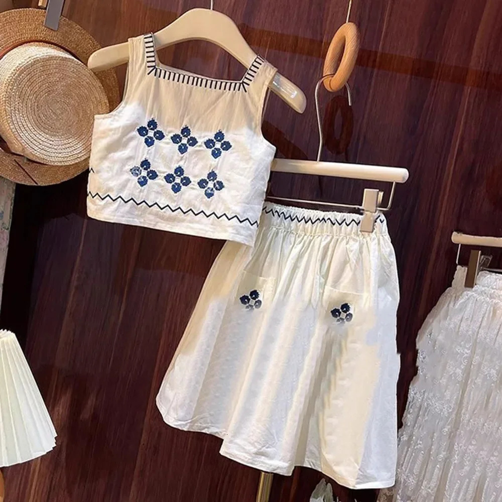 Summer Sleeveless with Pockets Kids Outfits Embroidered Vest Top Skirt Two-piece Girls Sets 3-7Y 250515