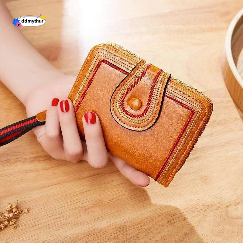 Cross Border Retro Oil Wax Skin European and American Multi Slot Organ Card Bag Zipper Short Women's Wallet ddmythur