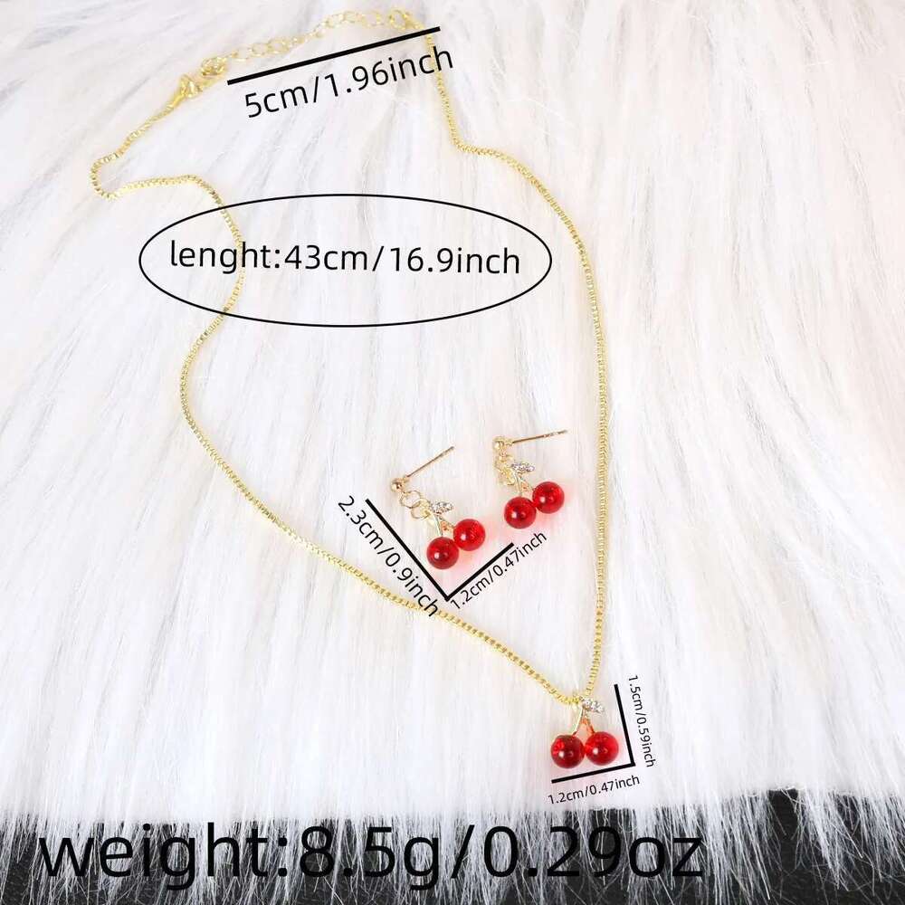 Sweet Red Cherry Pendant Necklace Dangle Stud Earrings Set Shiny Gold Chain White Rhinestone Women Trendy Jewelry