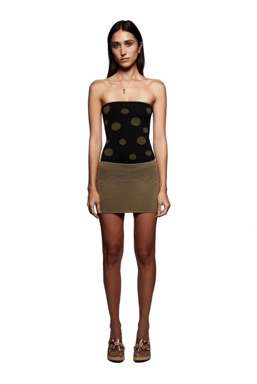Tank black knitted tube top with green polka dot jacquard Low waist mini skirt hollow 250515