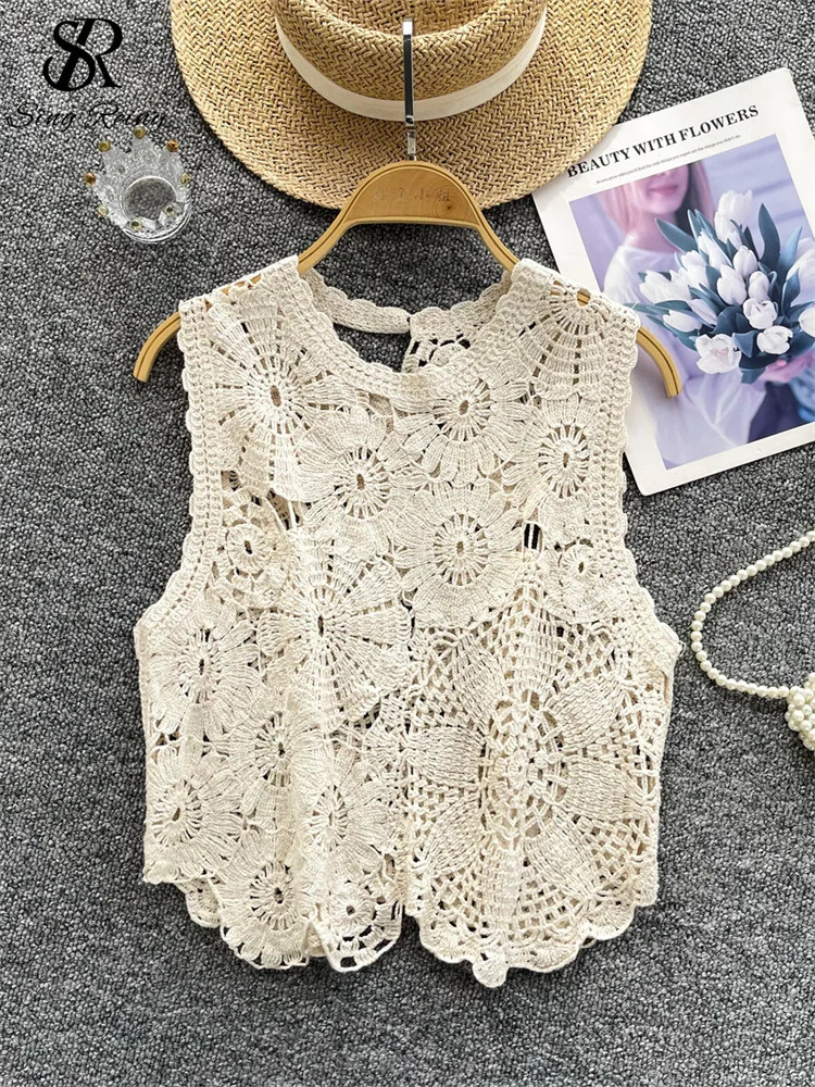 SINGREINY Korean Basic Knitting Tank Tops Female Sleeveless Hook Flower Hollow Chic n Summer Sweet Fashion Knitted Blouse 250515