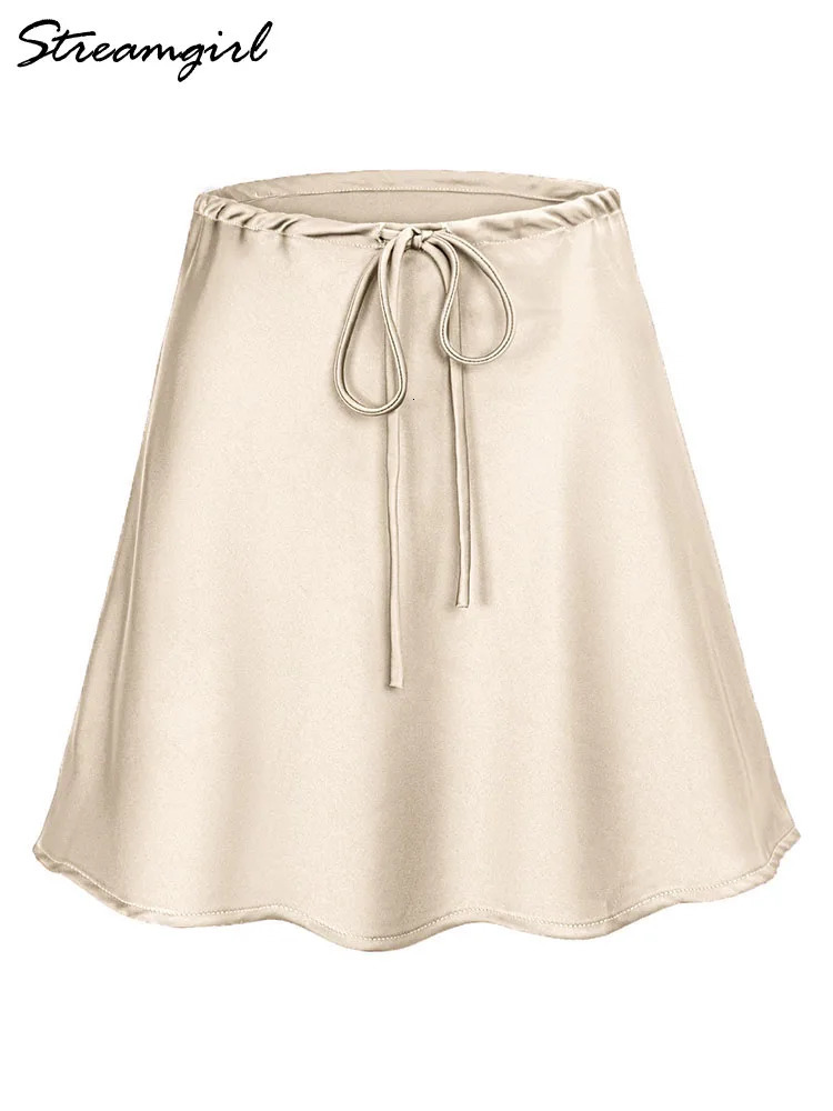 Satin Mini Skirts Women Summer Beige Silk Short Skirt For Woman Drawstring High Waist Black A Line 250515