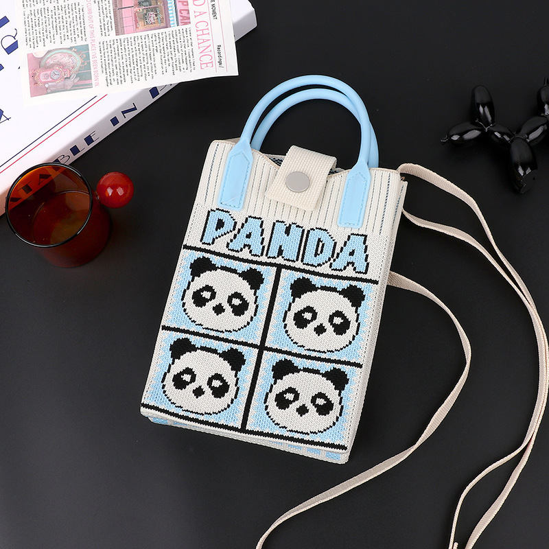High quality style Korean series knitted panda niche single shoulder slanted mobile phone bag handbag new free delivery designer bag