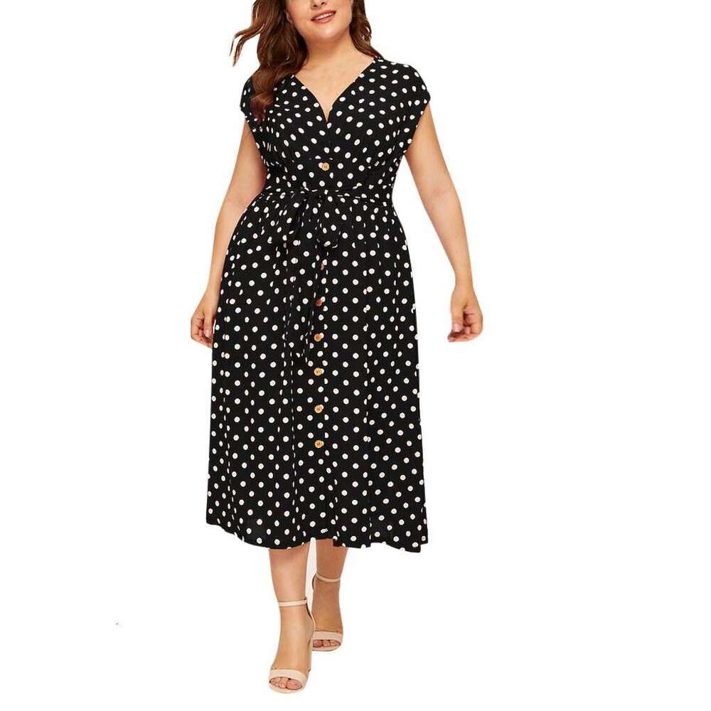 Plus Size Whitedress Vestido De Mujer Women Dresses Womens Dresses New Womens Oversized Polka Dot Dress with Button Up Strap and Waist Cinching V-neck