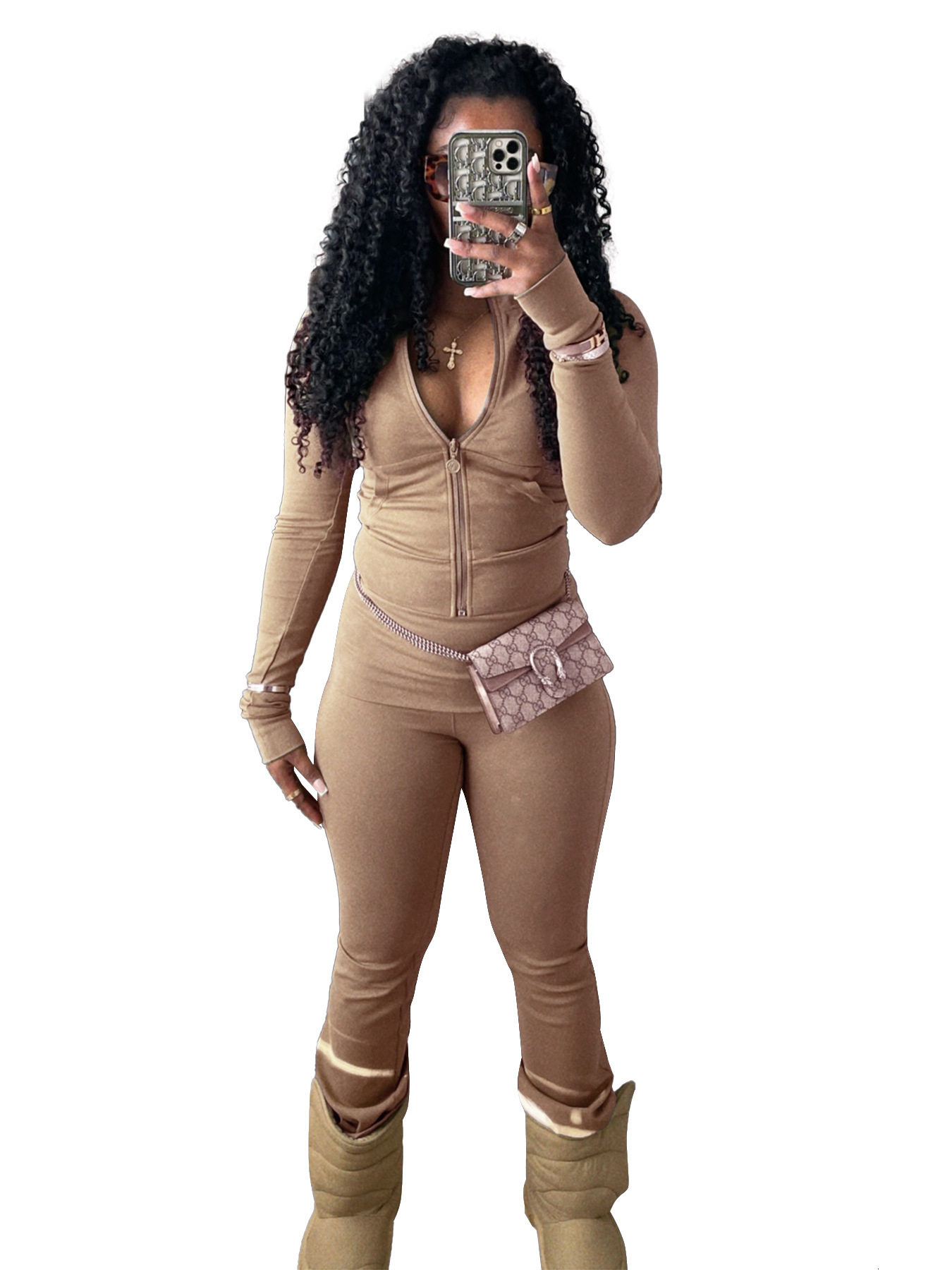 HR24066 Womens Sports and Leisure Tight Zipper Low Waist Folding Micro Horn and Velvet Set