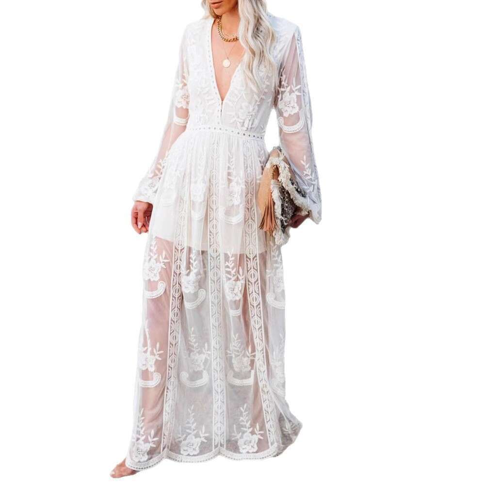2023 Spring/Summer Women's Lace V-neck Solid Chiffon Summer Dress