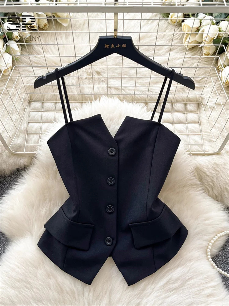 SINGREINY Summer Senior Straps OL Tops Single Breasted Skinny Women Blouse Fashion Solid Basics Elegant Short Tank 250515
