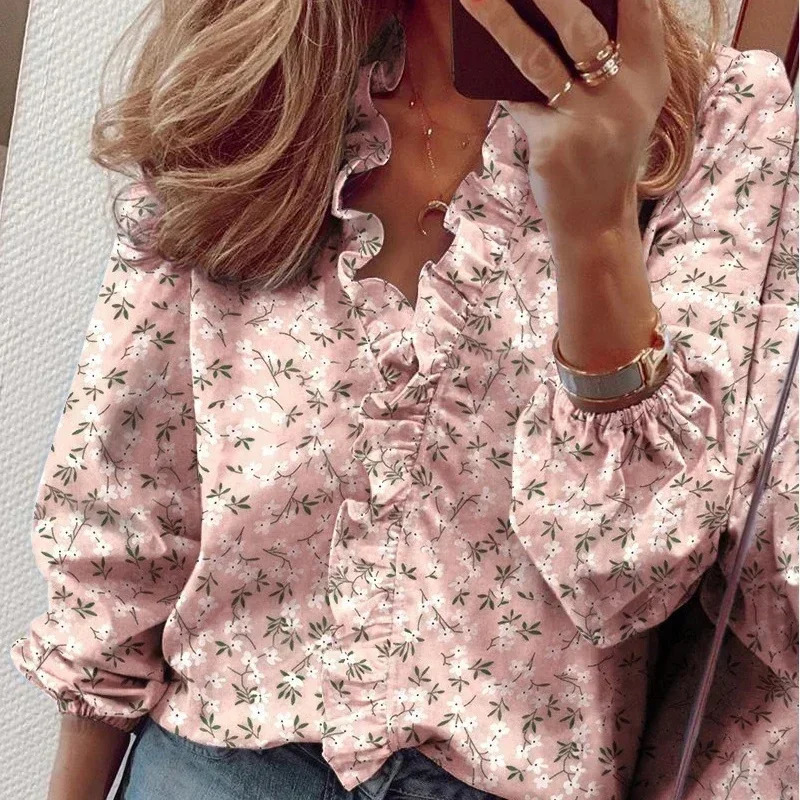 Vintage Ruffles Women Blouses Autumn Long Sleeve Office Lady Elegant Tops Cotton Casual Vneck Shirt Clothing 250515