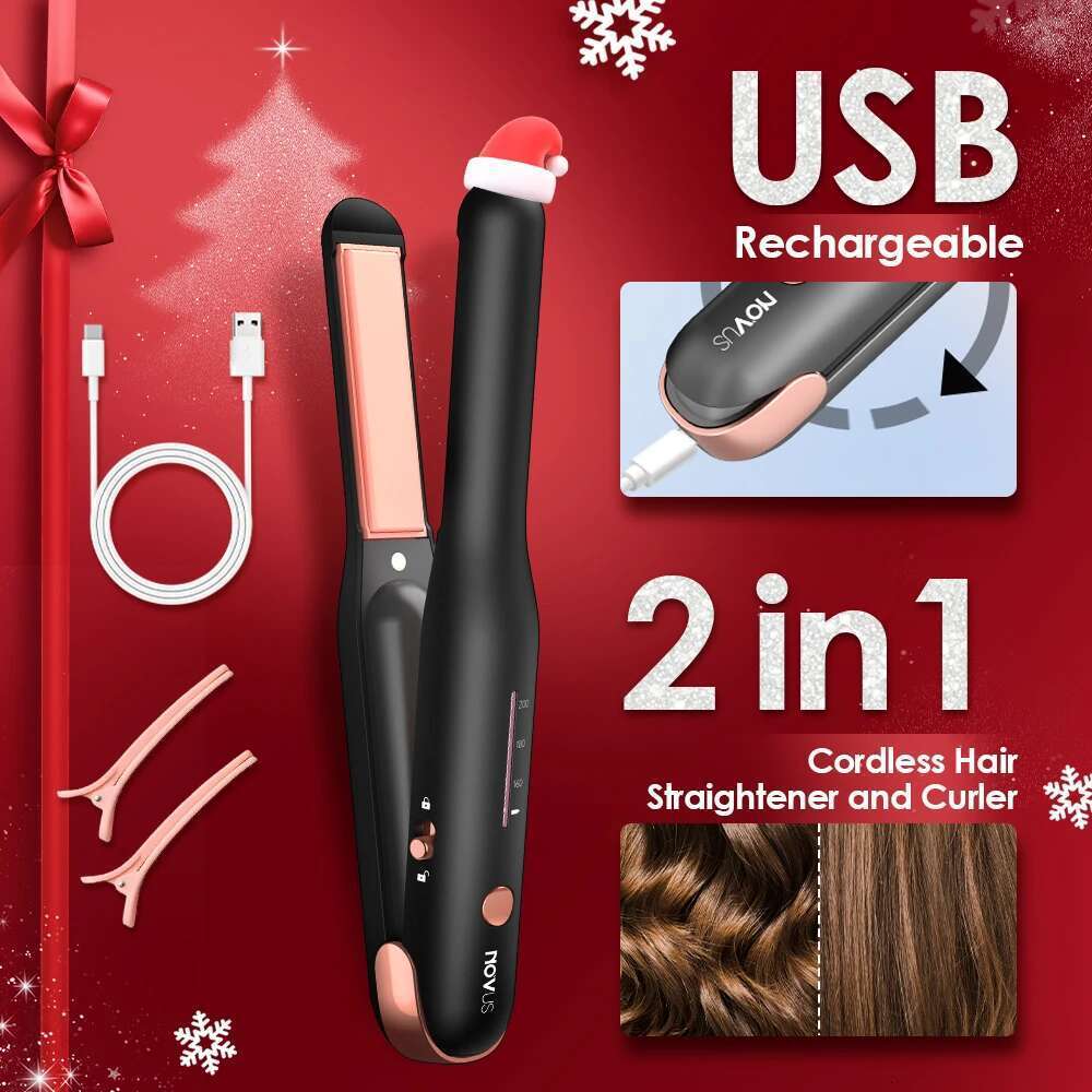 NOVUS Cordless and Curler 2 in 1 USB Mini Ceramic Fast Heating Portable Hair Straightener for New Year Gift