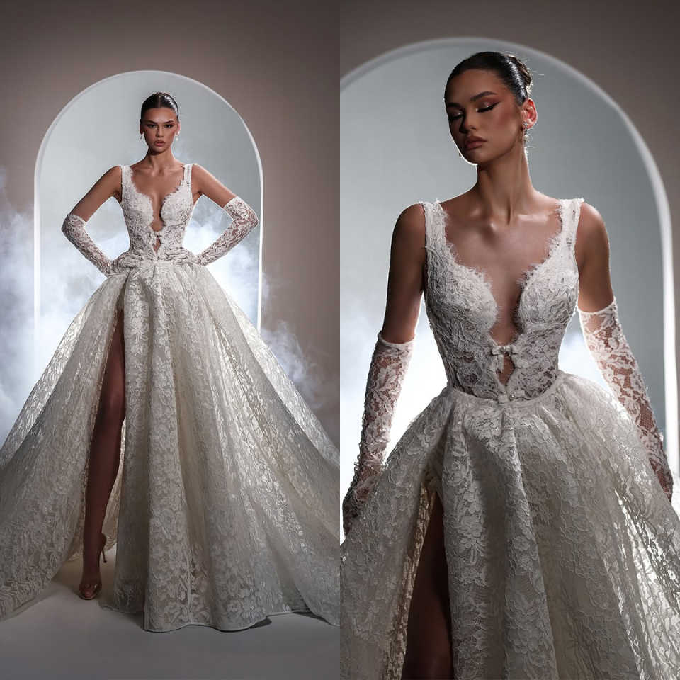 Illusion Lace Prom Dress With Detachable Train Customized V Neck Party Gowns Side Slit Formal Evening Dresses