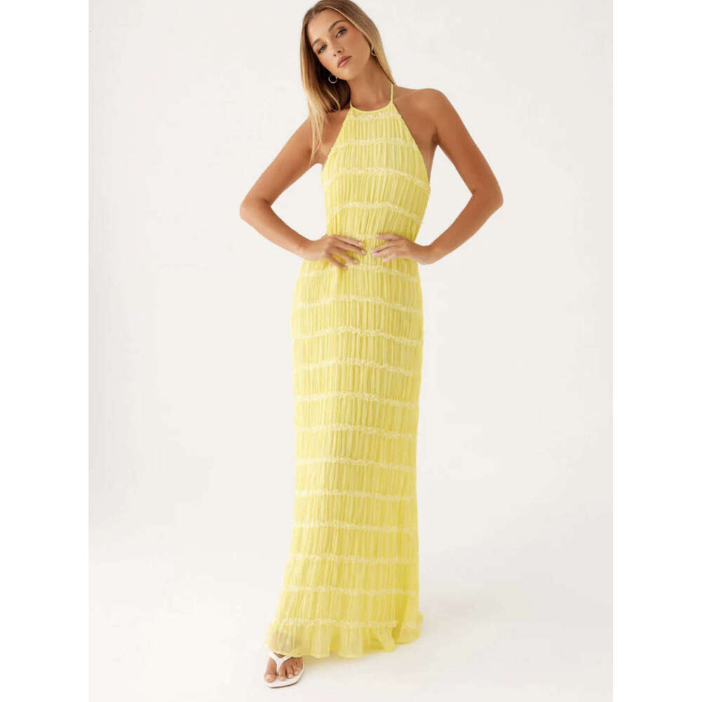 2025 Spring/Summer Women's Sexy and Fashionable Hanging Neck Strap, Folded Lace, Vacation Style, Long Dress