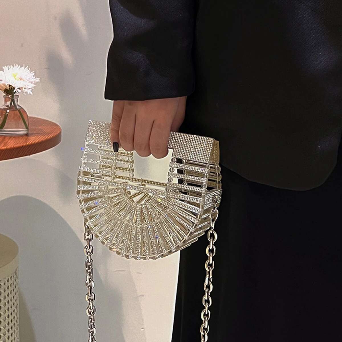 JIOMAY Half Moon Rhinestone Purse Designer Handbags Clutch Evening Mini Basket Bling Tote Bag Crystal Wedding Bags