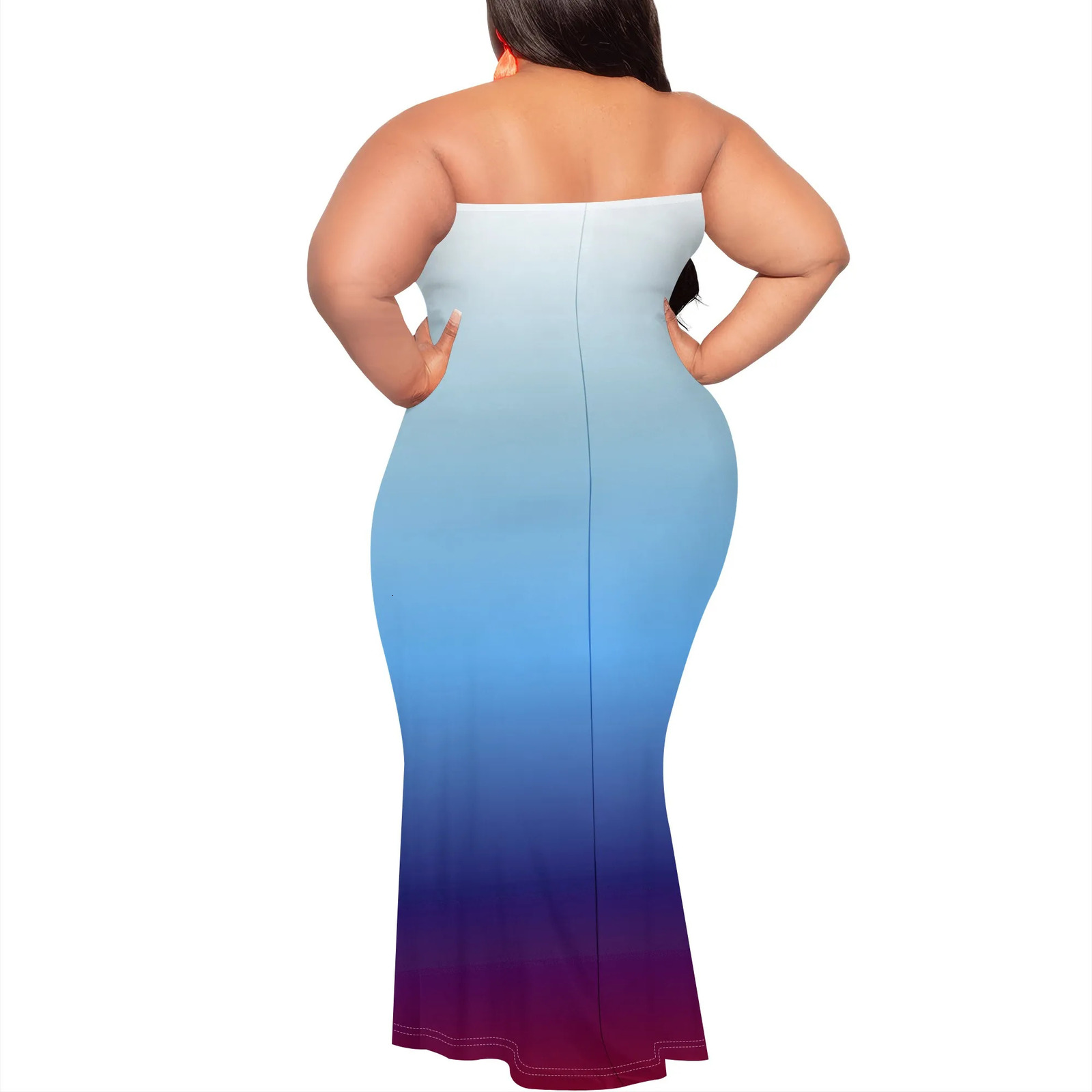 Plus Size Blue Gradient Strapless Maxi Dress for Women Elegant Slim Fit Summer Party 250515