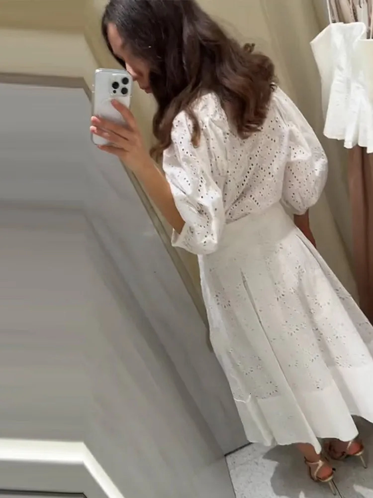 Elegant Tassel Shirt Skirt Set Women White Lapel Long Sleeve Button Top Aline Pleated Midi Skirts Summer 2 Pcs Lady Outfit 250515