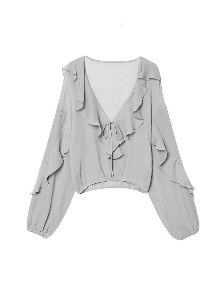 TFMLN Elegant Women Ruffles Blouses Fashion Vneck Translucent Tierred Causal Shirt Tops Commute Style Solid Shirts 250515