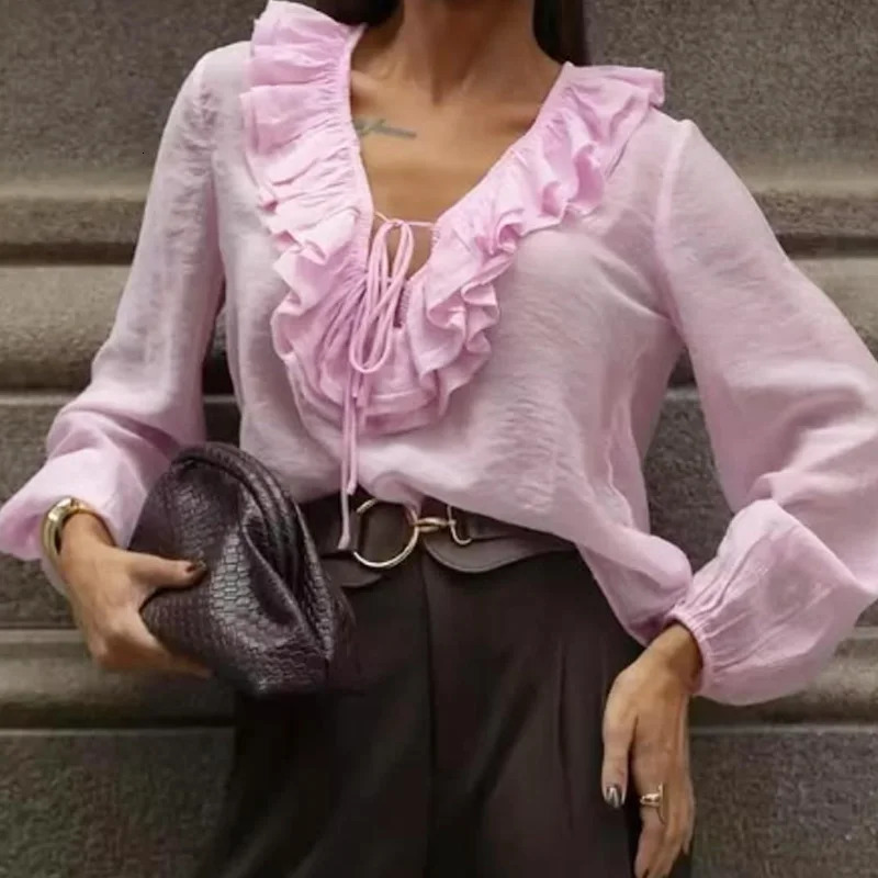 TRAF Woman Oversized Frill Blouse Spring Shirts Blouses SeeThrough Chiffon Long Sleeve Top Layered Plus Size 066 250515