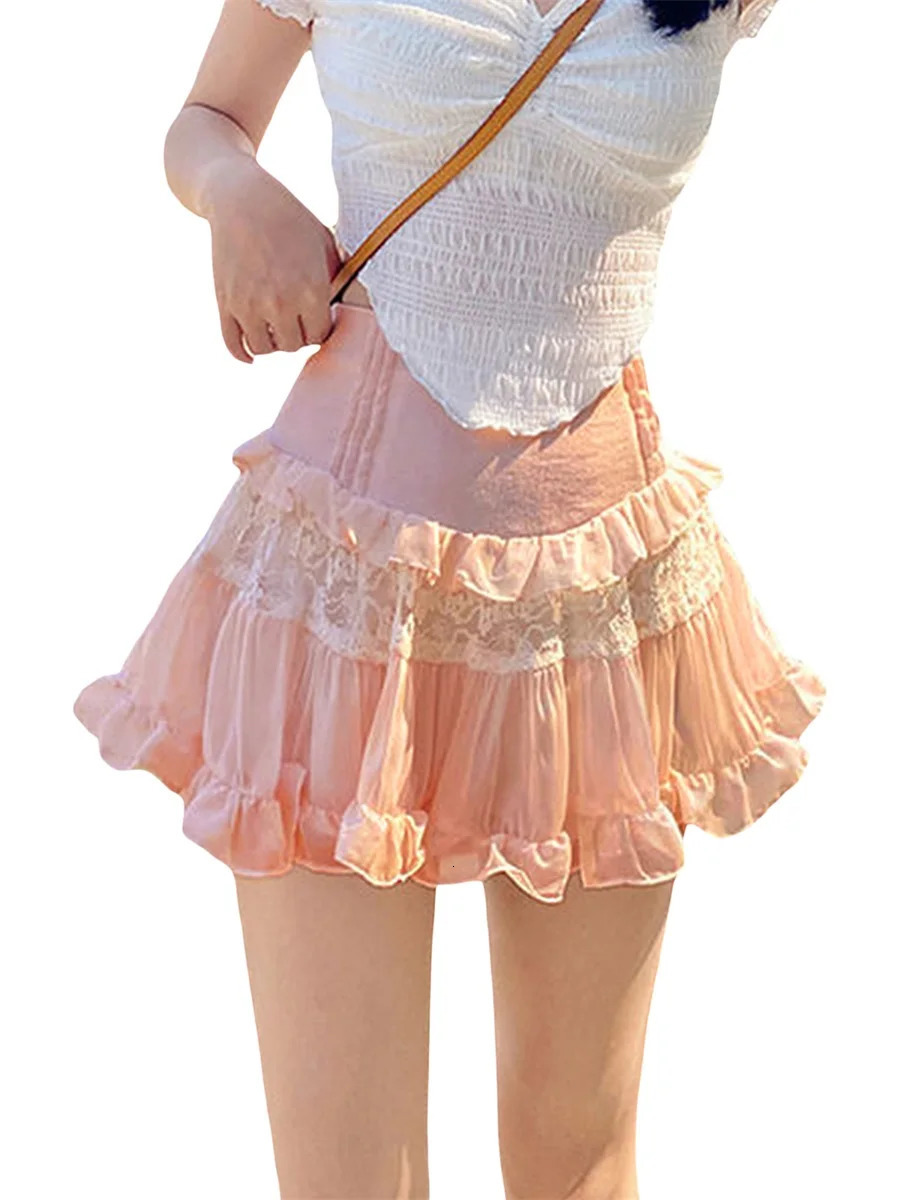Womens Summer Mini Skirts Cute High Waist Lace Patchwork Ruffle Hem ALine 250515