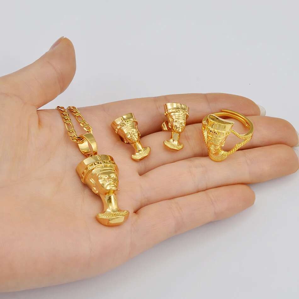 Anniyo Egyptian Queen Nefertiti Sets Pendant Necklace Stud Earrings Ring African Traditional Culture Jewelry #244206