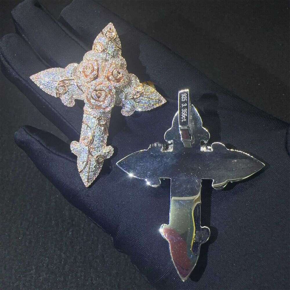 In Stock Fashion Man Jewelry Gold Color Hip Hop S VVS1 Moissanite Dia Rose Flower Cross Pendant Necklace Set