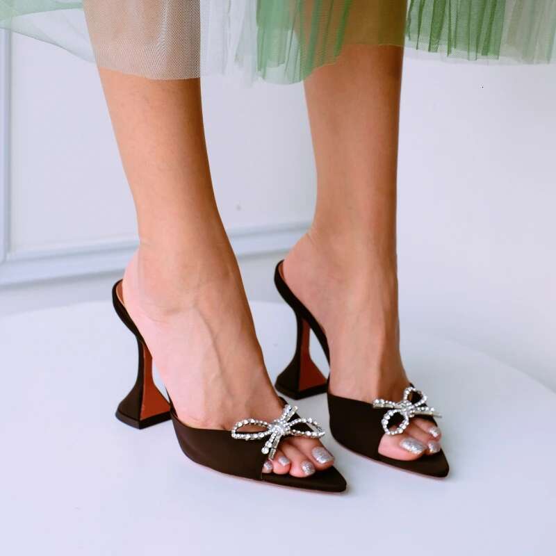 Bow Rhinestone Fish Mouth Open Toe High Heels Wine Cup Mid Heel Sandal Slippers Women