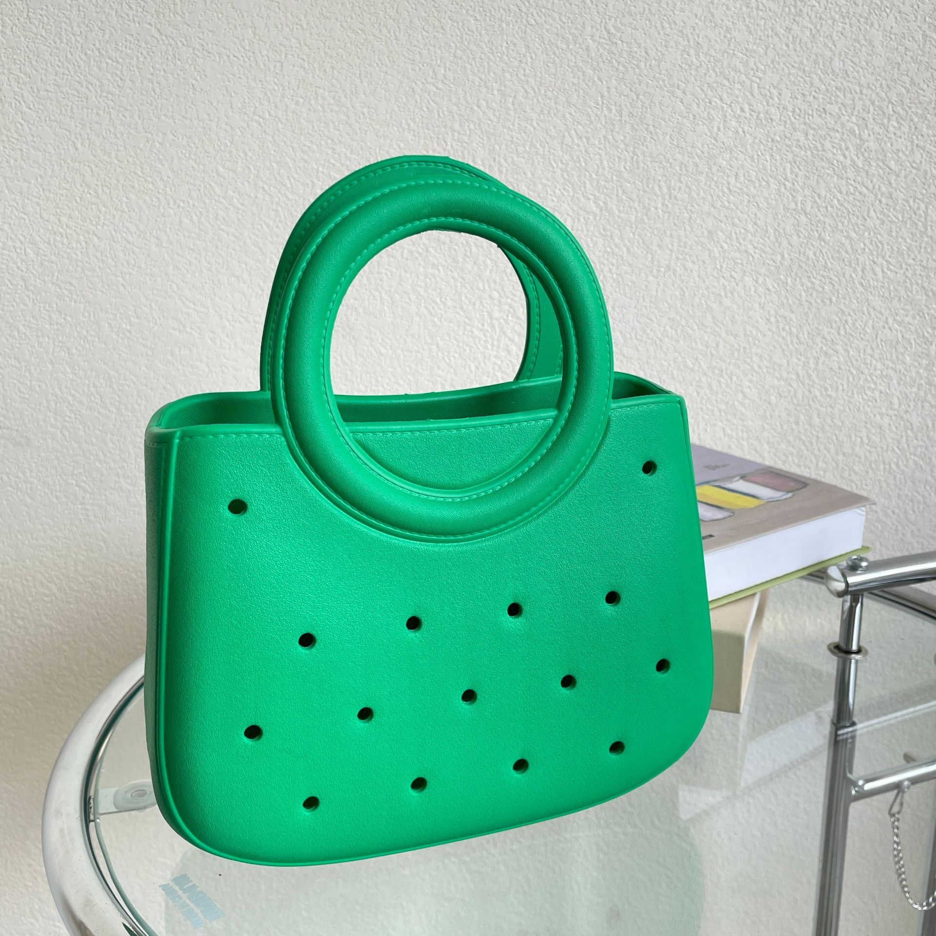 EVA Solid Color Hole Waterproof Storage Vegetable Basket Beach Bag Fashionable Hollow Travel Handbag