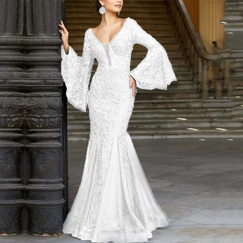2025 New Women's Lace Embroidered Fish Tail Black Slimming Evening Dress