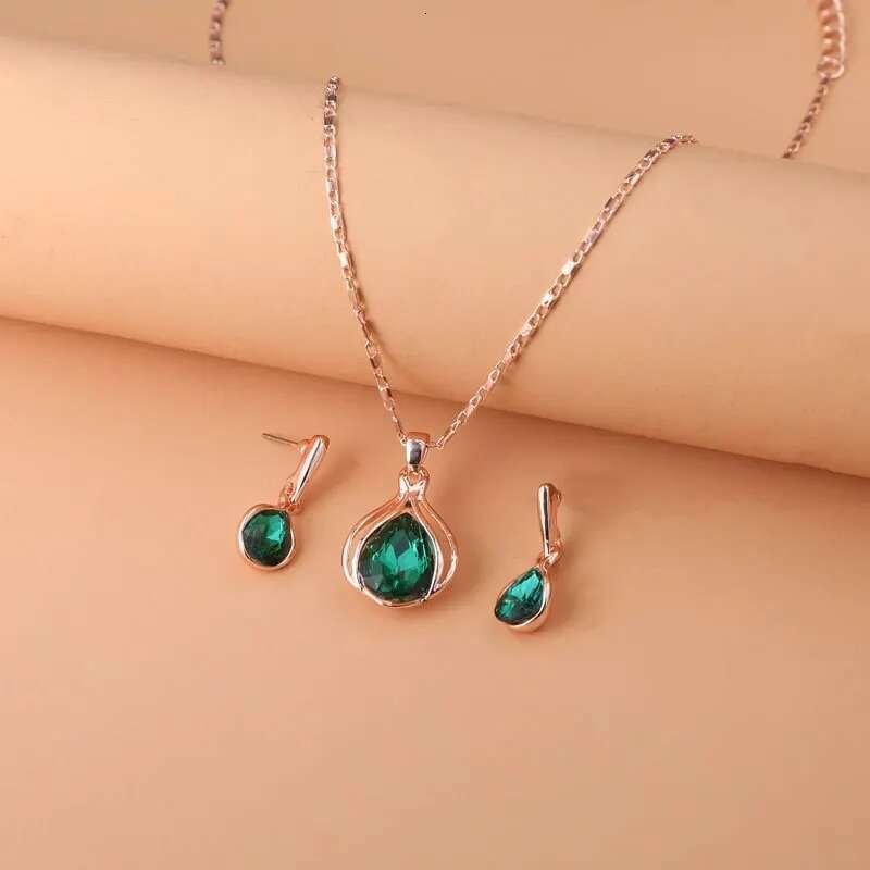 3Pcs Rose Gold-Color Necklace Earrings Green Crystal Glass Alloy Pendant Simple Fashion Style Jewelry Set
