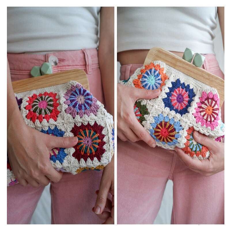 Crochet Clutch Chic Granny Square Gran Handbag Clasp Purse Woven Jacquard Bag Wholesale