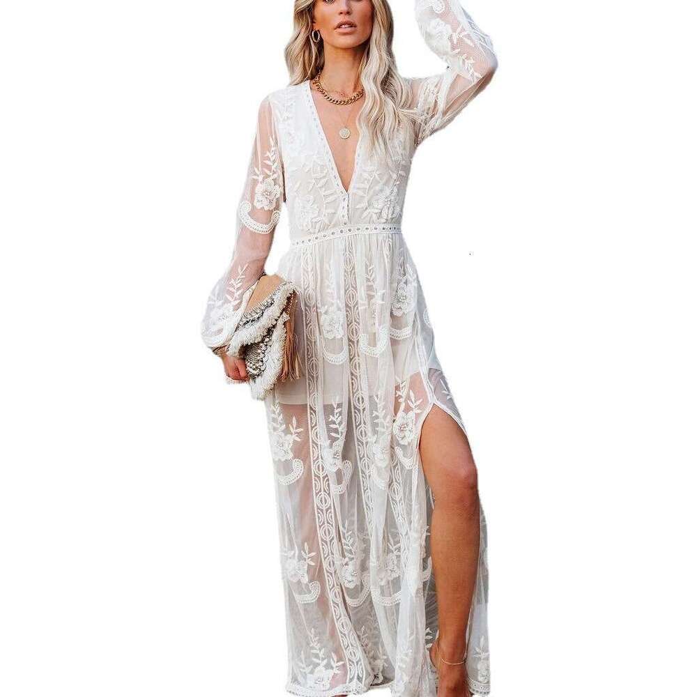2021 Spring/Summer New Women's Lace Long Sleeve V-Neck Solid Chiffon Summer Dress