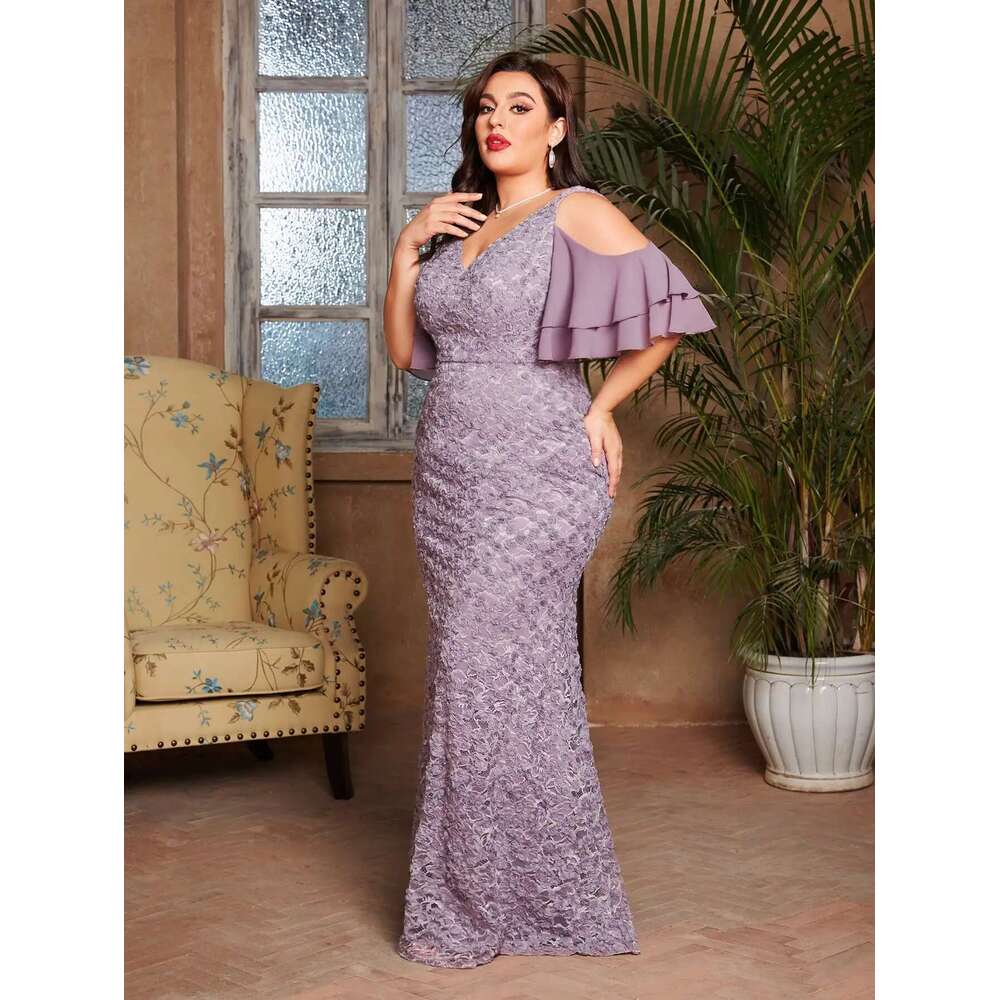 Mgiacy plus sizeV-neck romantic three-dimensional lace patchwork chiffon multi-layer off-the-shoulder sleeve fishtail slim dress