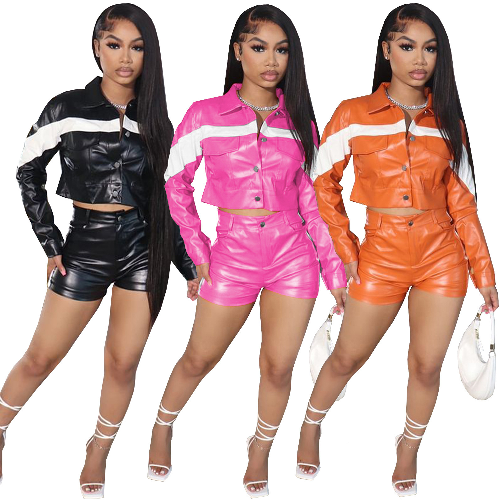 HR23033 Fashion Womens Spring/Summer New Leather Contrast Buckle Lapel Workwear Two Piece Set