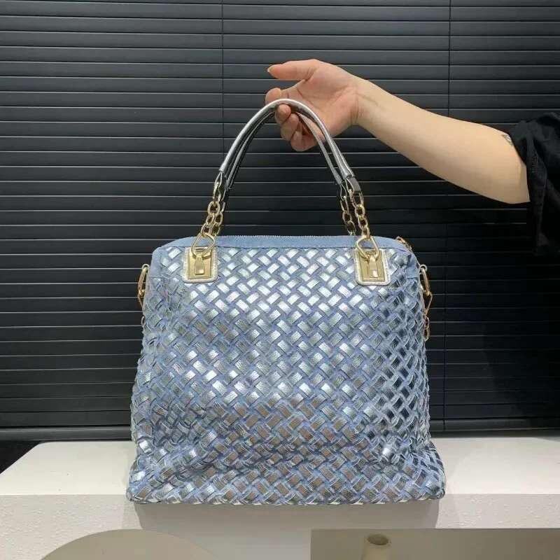 Women's Fashion Denim Braided Tote Bag Large Capacity Dia Shoulder Handbag
