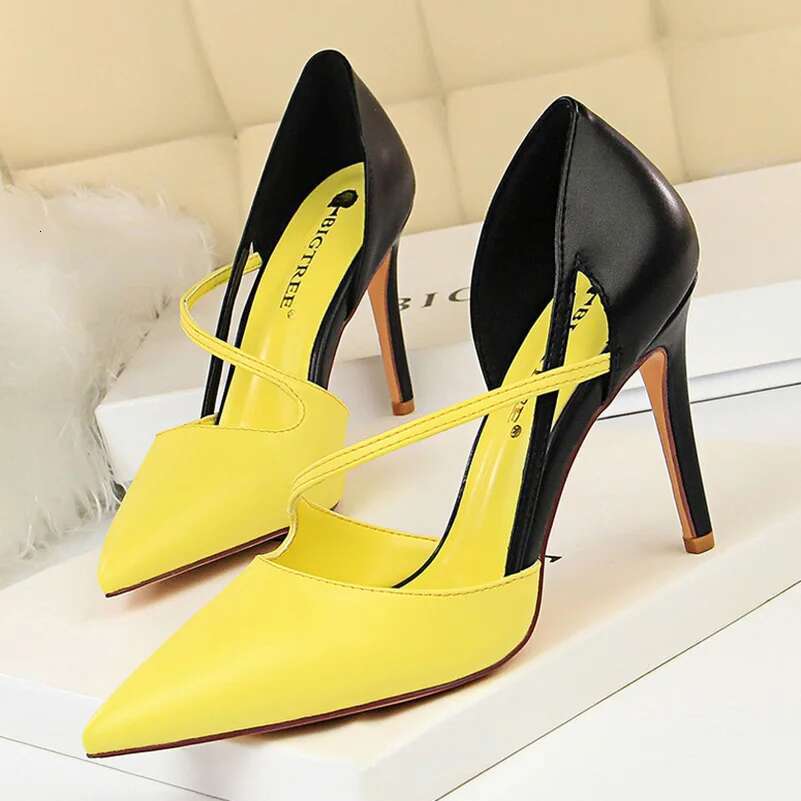 New Summer Women 9.5cm High Sandals Nightclub Stripper Heels Sexy Patchwork Sandles Party Ankle Strap Yellow Pink Shoes