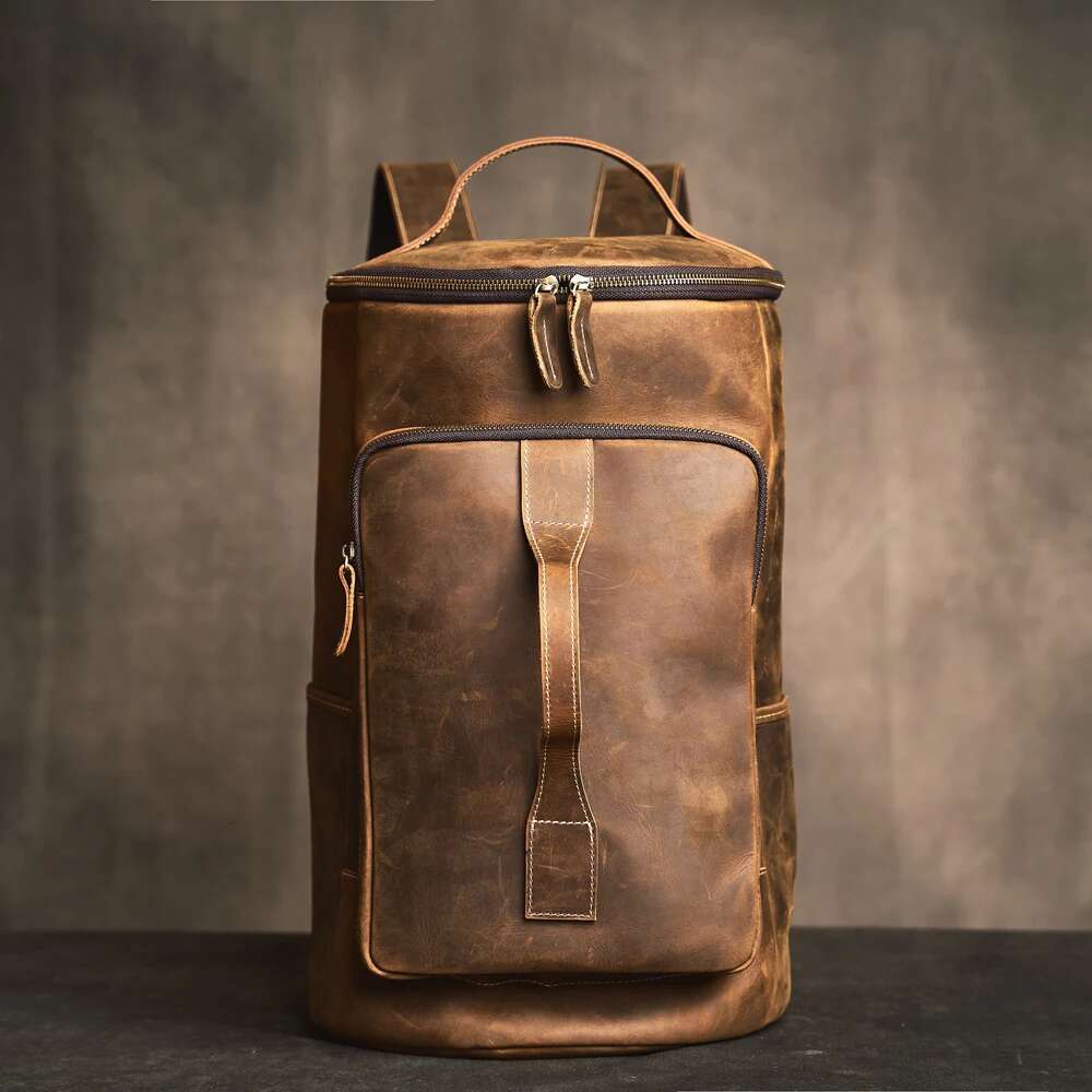 Genuine Leather Men's Backpack Retro Outdoor Gym bag Cylinder Handbag Camping Commuter Laptop Bag