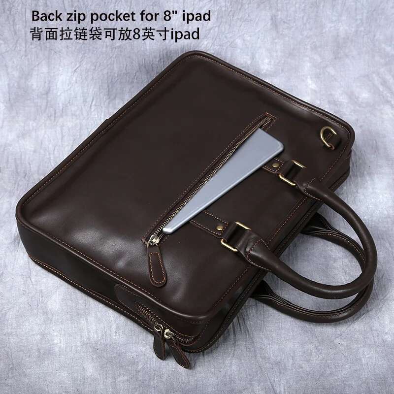 NZPJ Retro Men's Briefcase Leather Laptop Top Layer Cowhide Casual Handbag 14 Inch Business Shoulder Messenger Bag